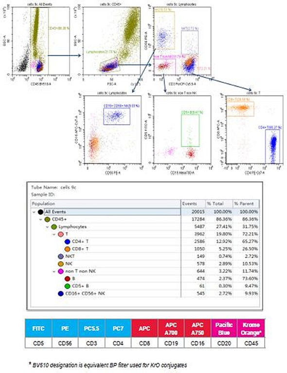 9-color human control leukocytes immunophenotyping staining.