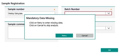 Display of user guidance in Vision Air Pharma. Information in mandatory fields (highlighted in red) need to be entered to complete the sample registration.