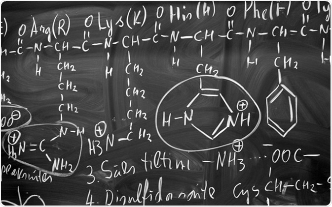 Biochemistry scientific background with amino acids. Image Credit: Anna Jurkovska/ Shutterstock