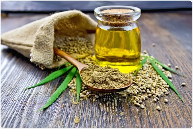 Hemp flour on a spoon next to hemp oil in jar - photo taken by kostrez