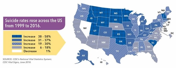 Suicide rates rose across the US from 1999 to 2016.