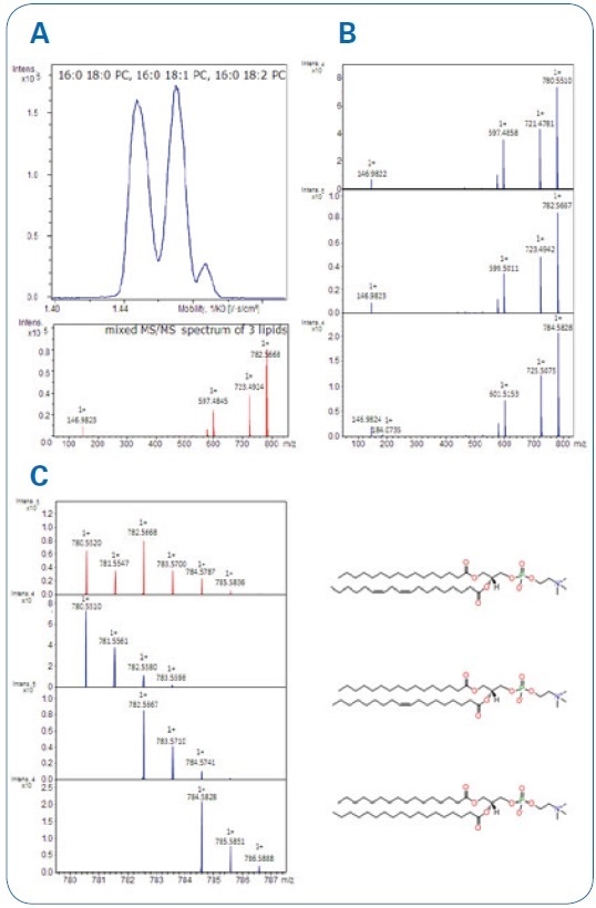 A Mobility separation of the three lipids with mixed MS/MS spectrum (acquisition without IM separation and a full isotope pattern isolation). B Clean MS/MS spectra after IM-separation. C Clean iso-topic patterns showing as well mass accuracies and isotopic pattern qualities (mSigma; value ranges from 0-1000; <10 is excellent).