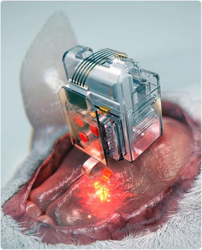 The device, using Lego-like replaceable drug cartridges and powerful bluetooth low-energy, can target specific neurons of interest using drug and light for prolonged periods. Image Credit: Korea Advanced Institute of Science and Technology