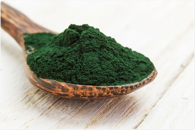 Closeup of an organic spirulina algae powder in a wooden spoon. Image Credit: Dmitry Zimin / Shutterstock
