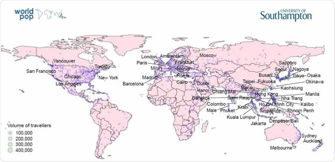 Geographic distribution of cities across the globe receiving airline travellers from 18 high-risk cities (Figure 6) in mainland China over a period of three months, representing 15 days before Lunar New Year’s Day and 2 and half months following Lunar New Year’s Day. The volume of airline travellers of the top 30 ranked cities is presented.