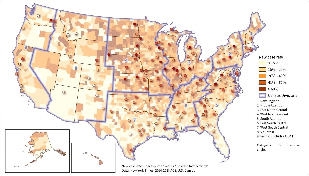 U.S. Map of New Case Rate by County and Census Division