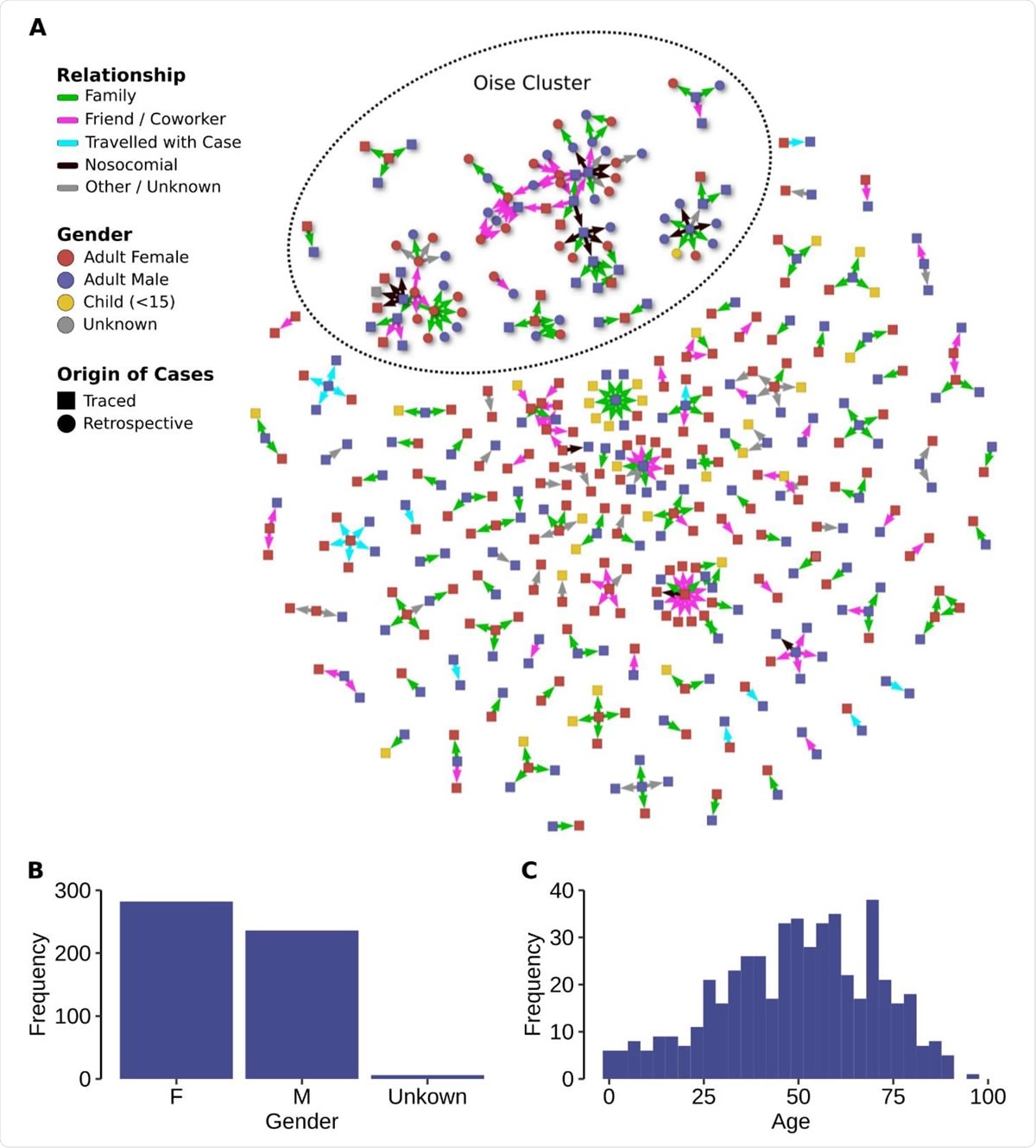 Chains of transmission. (A) Observed transmission chains. Only confirmed cases/contacts involved in a chain with at least one confirmed case are represented. (B) Distribution of sex. (C) Distribution of age.