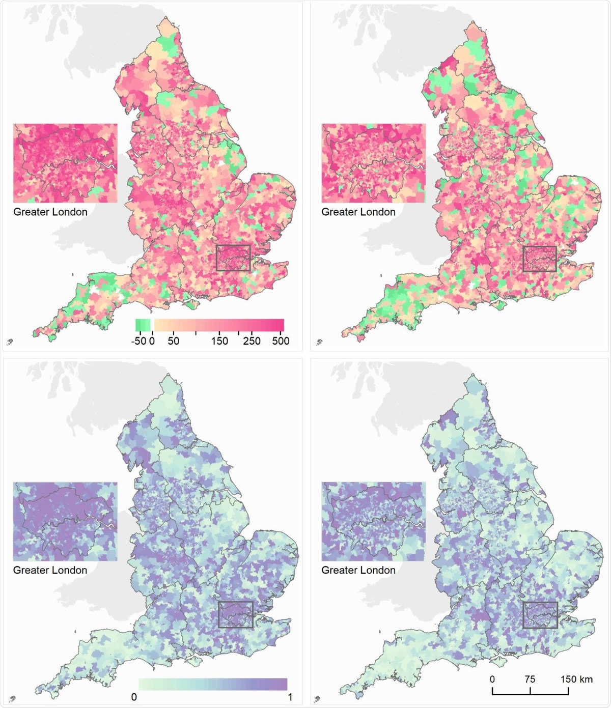 Maps of middle super output areas (MSOAs) in England showing excess deaths per 100,000 people aged 40 years and over. (A) Excess deaths per 100,000 males (left)/females (right) from 1 March to 31 May 2020 compared to the same period for the preceding five years. (B) Posterior probability that excess deaths > 0. Community characteristics of the MSOAs were: % population on income support; population density; % population non-White; % population living in overcrowded homes; air pollution (NO2 and PM2.5); care homes per 1,000 population. We map the posterior probability which measures the extent to which an estimate of excess/fewer deaths is likely to be a true increase/decrease. Where the entire posterior distribution of estimated excess deaths for an MSOA is greater than zero, there is a posterior probability of ~1 of a true increase, and conversely where the entire posterior distribution is less than zero there is a posterior probability of ~0 of a true increase. This posterior probability would be ~0.5 in an MSOA in which an increase is statistically indistinguishable from a decrease.