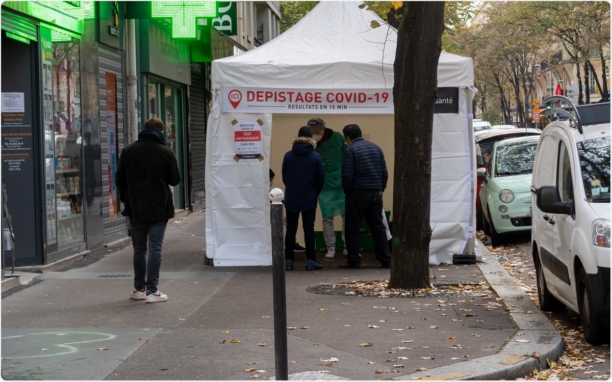 Paris, France - November 13 2020: Covid-19 Rapid testing medical tent in front of a pharmacy. Image Credit: UlyssePixel / Shutterstock