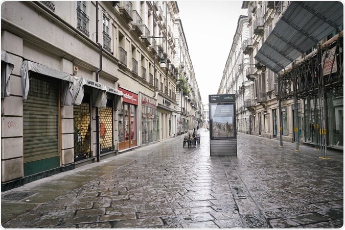 Coronavirus impact, empty downtown street Turin, Italy - March 2020. Image Credit: MikeDotta / Shutterstock