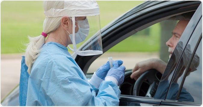 Dressed in full protective gear a healthcare worker collects a sample from a man sitting inside his car as part of the operations of a coronavirus mobile testing unit. Image Credit:  JHDT Productions / Shutterstock