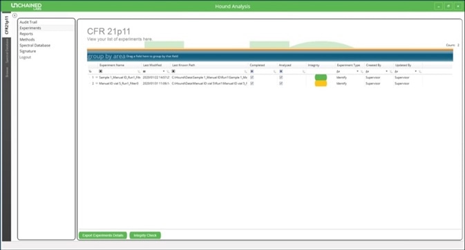 Experiment list in the Hound Analysis software showing an example of one experiment that failed the integrity check and is colored yellow.