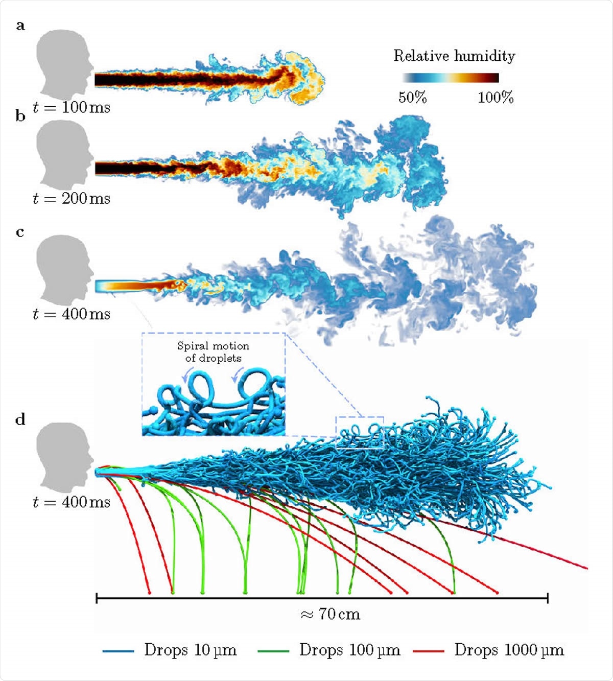 Visualisations of droplets in a heavy cough for RH = 50%: a-d, Snapshots of the droplet-laden cough simulation. At time t = 100 ms, the cough contains hot air with high moisture content. The hot moist air propagates (t ~ 200 ms) and dissipates (t ~ 400 ms) into the ambient surroundings. At t ~ 400 ms, we show larger droplets falling out from the puff whereas smaller droplets remain protected and are carried along by the puff.