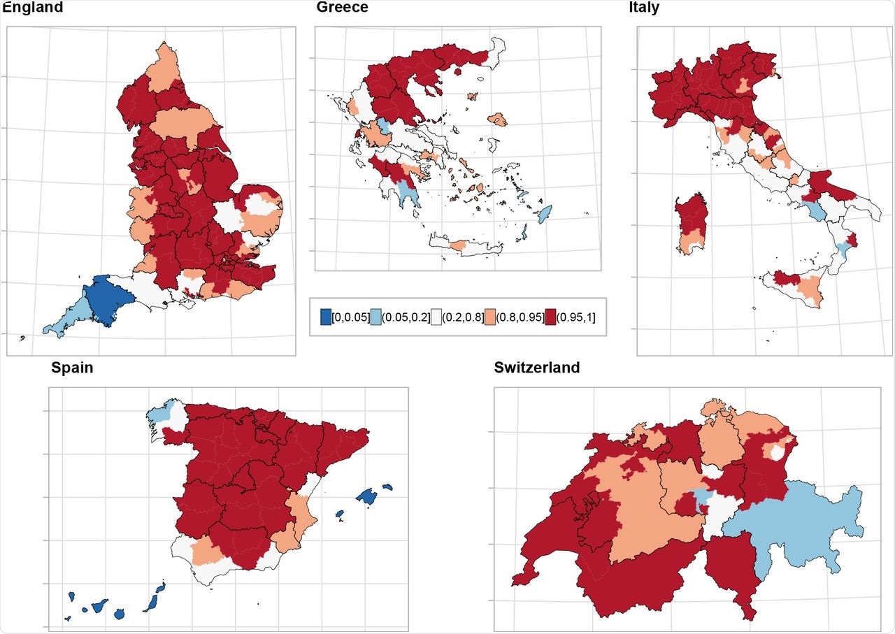 Probability that the relative excess deaths is higher than 0% across the different countries by NUTS3 region in 2020. The different panels show the probability that the relative excess deaths is higher than 0% in (clockwise) England, Greece, Italy, Spain and Switzerland in categories. Areas in blue indicate weak evidence of an increased relative excess, areas in white insufficient evidence, whereas areas in red strong evidence. The black solid lines correspond to the NUTS2 region borders.