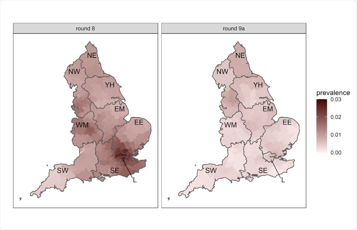 Neighbourhood prevalence of swab-positivity for rounds 8 and 9a. Neighbourhood prevalence calculated from nearest neighbours (the median number of neighbours within 30km in the study). Average neighbourhood prevalence displayed for individual lower-tier local authorities. Regions: NE = North East, NW = North West, YH = Yorkshire and The Humber, EM = East Midlands, WM = West Midlands, EE = East of England, L = London, SE = South East, SW = South West.