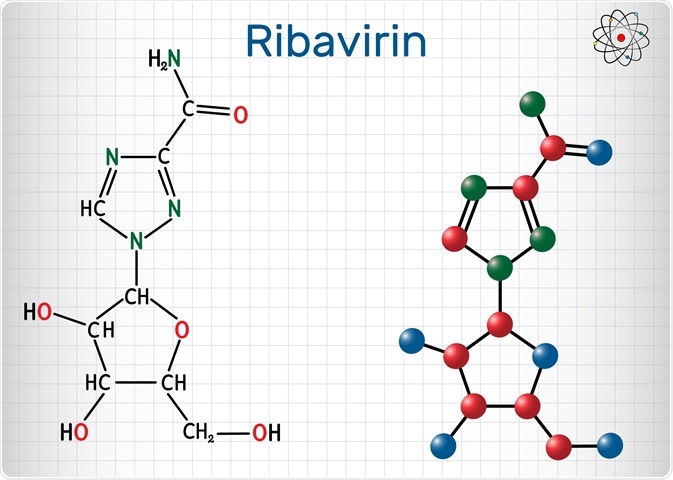 Ribavirin, tribavirin, C8H12N4O5 molecule. Image Credit: Bacsica / Shutterstock