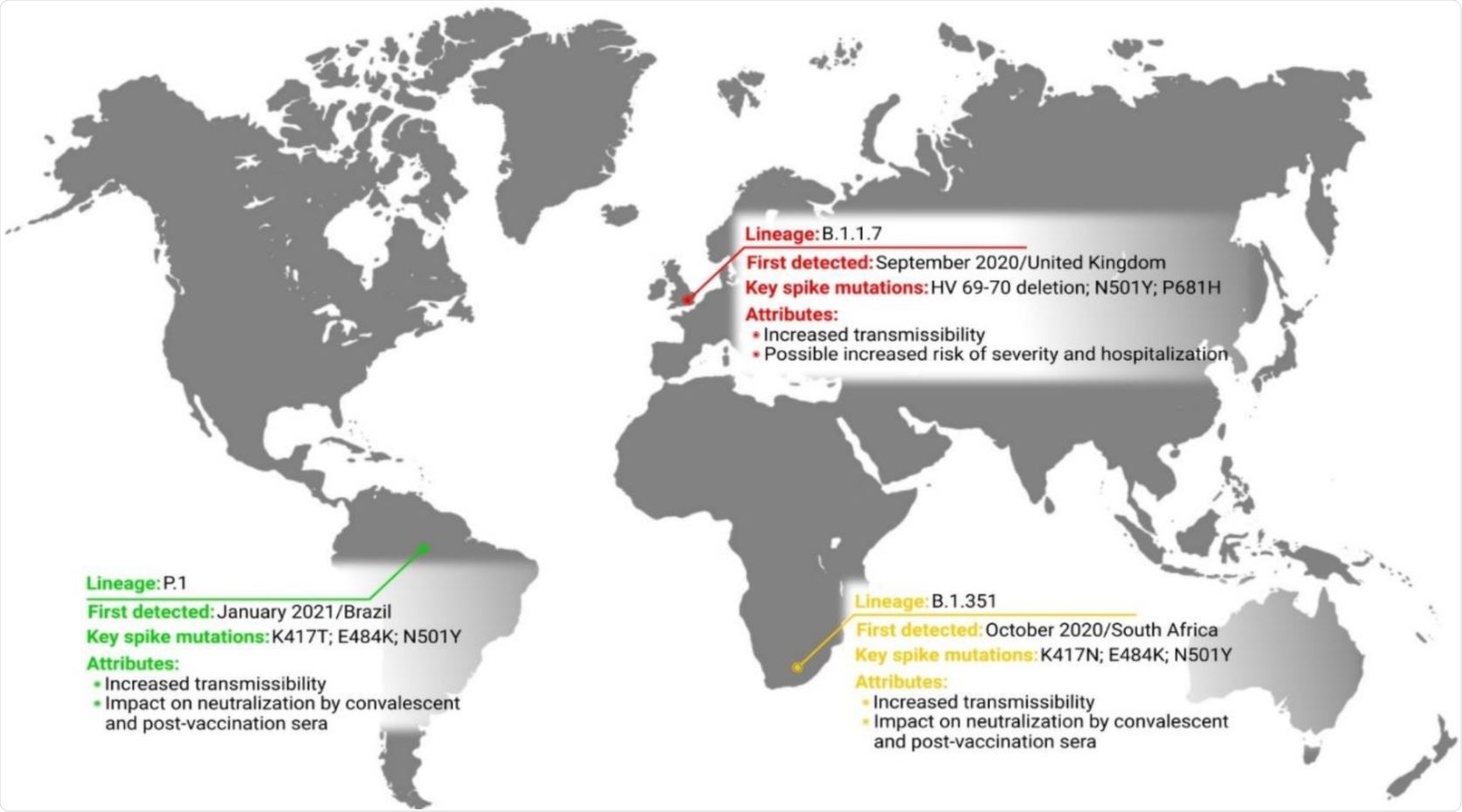 Current localization of SARS-CoV-2 variants of concern and their brief characteristics.