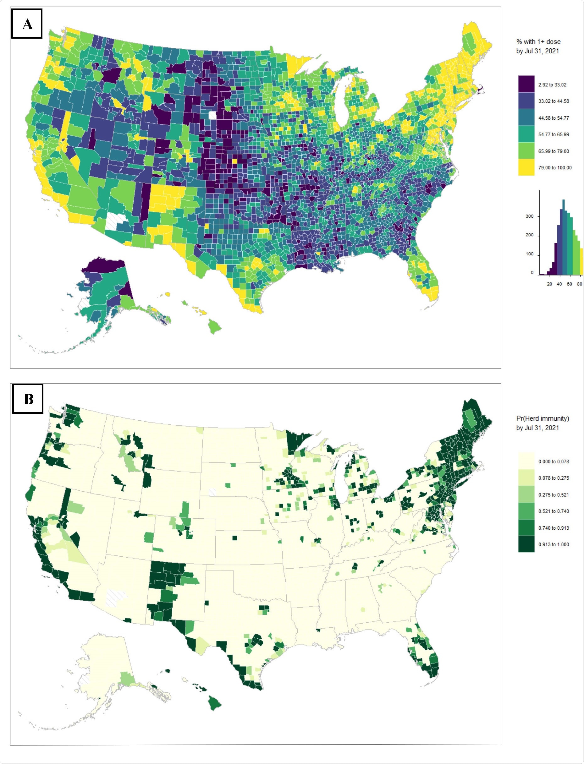 Forecasted percentage of residents with at least one dose by US county for the week ending on July 31 (July 25 – 31) (A) and estimated probability of local herd immunity, i.e. Pr(prediction > 70%) (B). Diagonal hatch pattern indicates missing data, which occurs in Alaska, Arizona, and South Dakota. Forecast is based on data from February 21, 2021 through May 16, 2021.