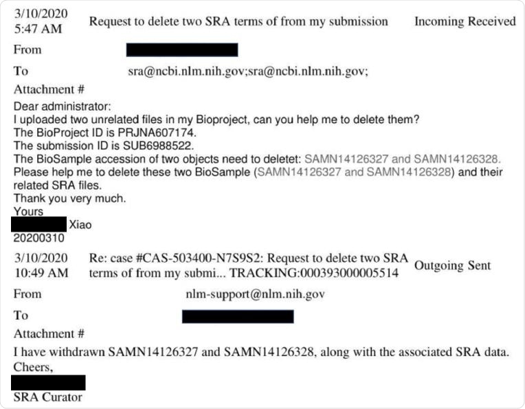Example of the process to delete SRA data. The image shows e-mails between the lead author of the pangolin coronavirus paper Xiao et al. (2020) and SRA staff excerpted from USRTK (2020).