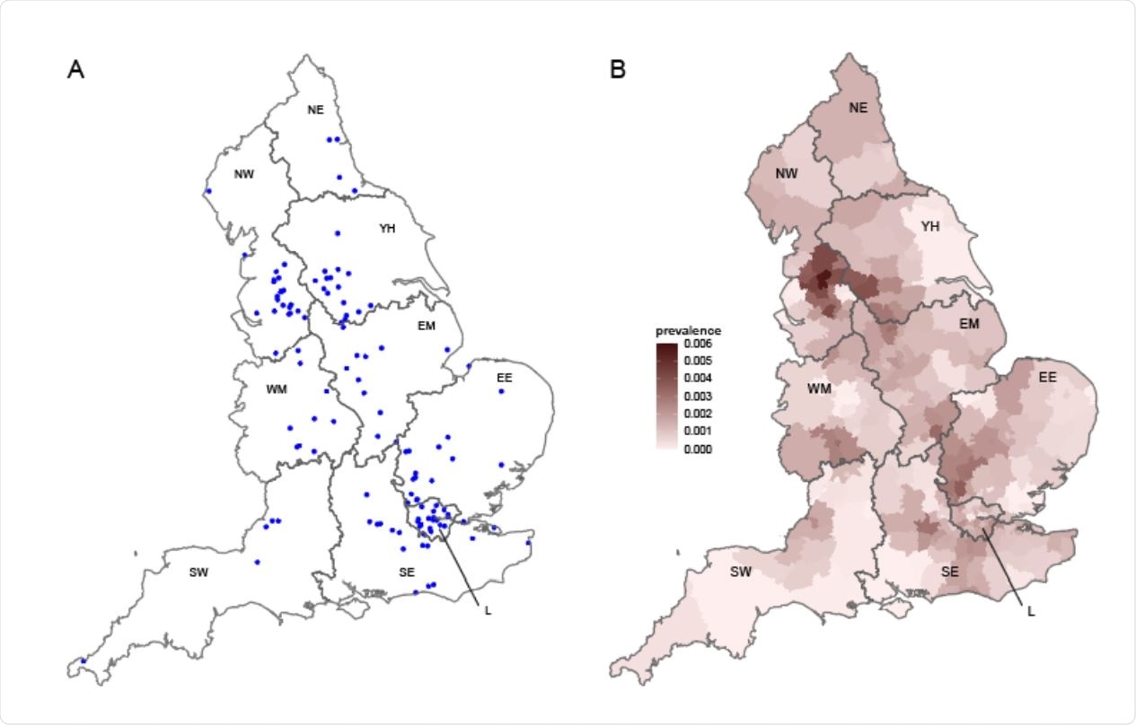 Geographical distribution of swab-positives in round 12. A Jittered location of all 135 positive samples detected. B Neighbourhood smoothed average prevalence by lower tier local area. Neighbourhood prevalence calculated from nearest neighbours (the median number of neighbours within 20 km in the study). Average neighbourhood prevalence displayed for individual lower-tier local authorities. Regions: NE = North East, NW = North West, YH = Yorkshire and The Humber, EM = East Midlands, WM = West Midlands, EE = East of England, L = London, SE = South East, SW = South West.