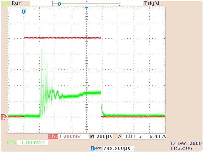 The quasi-cw laser output (lower trace) and drive current waveform (upper trace) for 0.5-ms duration. 10 A drive current pulse.