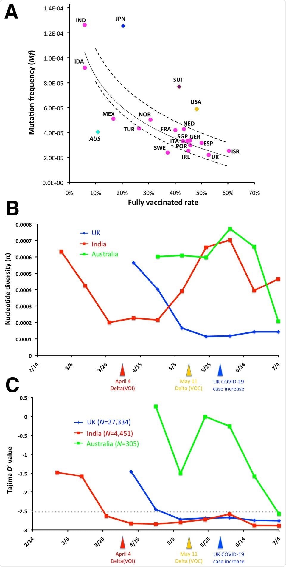 (A) Correlation between full vaccinated rate [13] and mutation frequency (Mf) from June 20 to July 3 2021 in 20 countries: Australia (AUS), France (FRA), Germany (GER), Indonesia (IDA), India (IND), Ireland (IRL), Israel (ISR), Italy (ITA), Japan (JPN), Mexico (MEX), Netherland (NED), Norway (NOR), Portugal (POR), Singapore (SGP), Spain (ESP), Switzerland (SUI), Sweden (SWE), Turkey (TUR), United States (USA), and UK. Logarithmic regression (solid) line was draw based on 16 countries (pink dots) with a calculated 95% confidence interval (dashed lines). Japan, Switzerland, USA, and Australia are labeled in different colors as outliers. (B and C) Chronology of nucleotide diversity (π) (B) and Tajima D’ value (C) of SARS CoV-2 delta variants in UK (N=27,344, blue), Indian (N=4,451, red), and Australian (N=305, green). Data were plotted every two weeks, and the data only represent the effective population size with more than 3 high quality sequences. The arrows label the epidemiological events of COVID-19 delta variants announced by the World Health Organization (WHO). WHO classified the delta variant as a global variant of interest (VOI) on 4 April 2021, and variants of concern (VOC) on 11 May 2021 [5]. The dashed line in (C) labels the cut-off threshold -2.50 in Tajima D’ test.