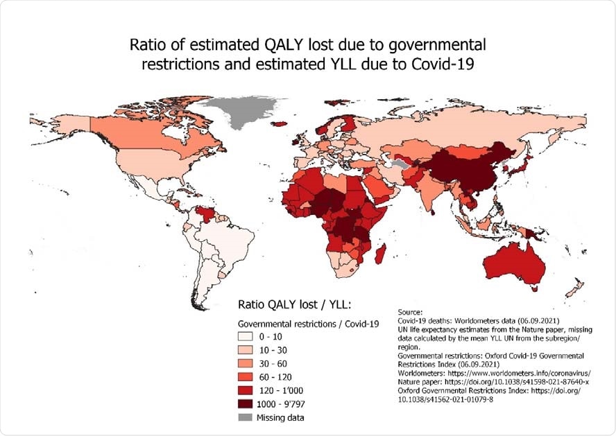 Ratio of QALYs lost due to Covid-19 Restrictions to YLL due to Covid-19