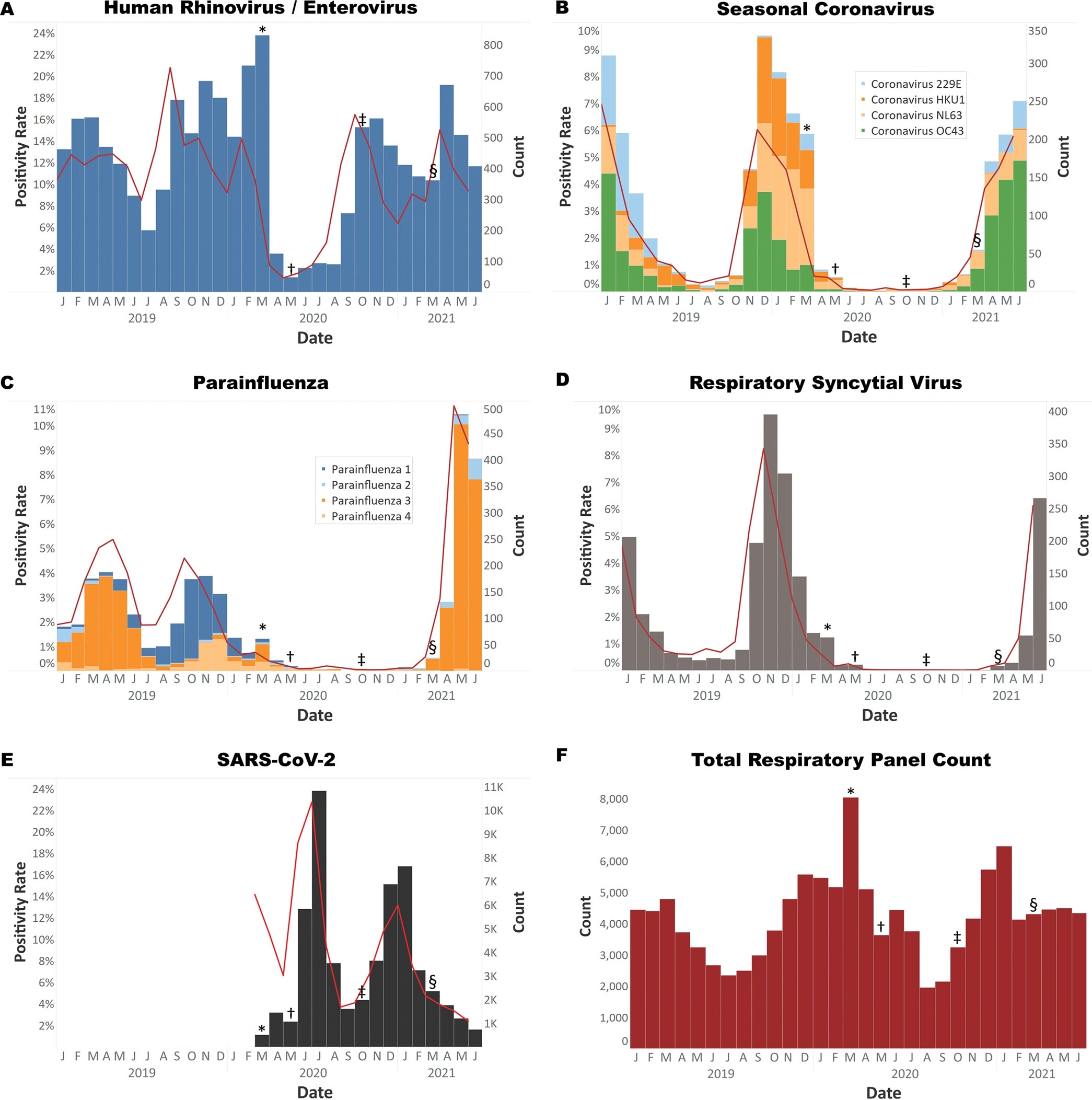 Histograms of respiratory virus tests from 1 January 2019 to 25 May 2021. (A) Rhinovirus/enterovirus was the first virus to rebound to prepandemic levels. (B) Coronaviruses 229E, HKU1, NL63, and OC43. OC43 has been prevalent since March 2021. (C) Parainfluenza viruses 1 to 4. Parainfluenza 3 has been prevalent since March 2021. (D) Respiratory syncytial virus has also increased in prevalence since March 2021. (E) SARS-CoV-2 testing volume and positivity from March 2020 through June 2021. (F) Respiratory panel test volume from January 2020 through June 2021. Symbols indicate the implementation and relaxation of COVID-19 precautions. *, March 2020, start of pandemic lockdown measures; †, May 2020, phase one reopening of Texas; ‡, October 2020, additional reopening measures; §, March 2021, removal of all COVID restrictions, including elimination of mask mandates. All tests were performed on the Biofire respiratory pathogen panel, with the exception of (E) which represents all SARS-CoV-2 PCR testing performed using multiple test vendors.