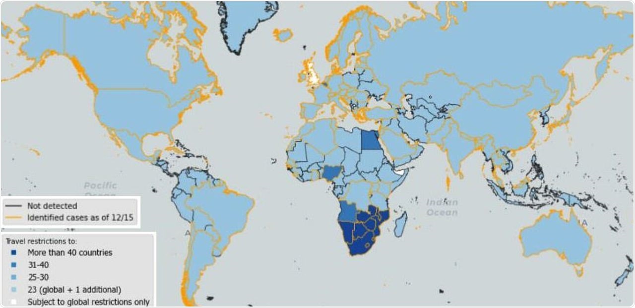 Map illustrating the number of Omicron-related travel restrictions that imposed specific measures against each country, 24 November – 15 December 2021. Countries in which confirmed Omicron cases had been reported as of 15 December are outlined in yellow.