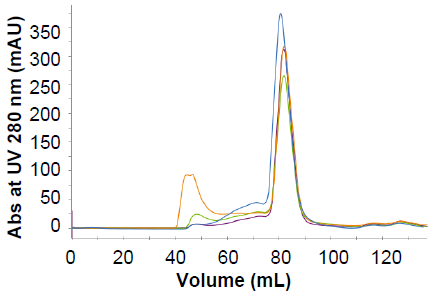 Overlay of preparative SEC chromatogram for strains B-E of GP38