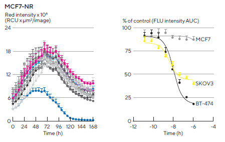 Introducing real-time live-cell analysis with The Incucyte® live-cell analysis system Kinetic quantification of ADCC immune cell killing of HER-2 positive multi-spheroids. Tumor cells were seeded in flat bottom 96-well plates (1,000 cells/well on a bed of Matrigel) and allowed to form multi-spheroids (MS) for 3 d. Once formed, MS were co-cultured with freshly isolated PBMCs (E:T, 5:1) and treated with serial dilutions of Herceptin. Time-courses show multi-spheroid death quantified as a loss of fluorescence intensity within the spheroid brightfield object. Concentration response curves to Herceptin show sensitivity differences between HER2-positive multi-spheroids (SKOV3 and BT-474). Treatments targeting T cell populations (Anti-CD3 and IL-2, 10 ng/mL) induced maximal MS cytotoxicity across all cell types. Data were collected over 10 d at 6 h intervals. Each data point represents mean ± SEM,