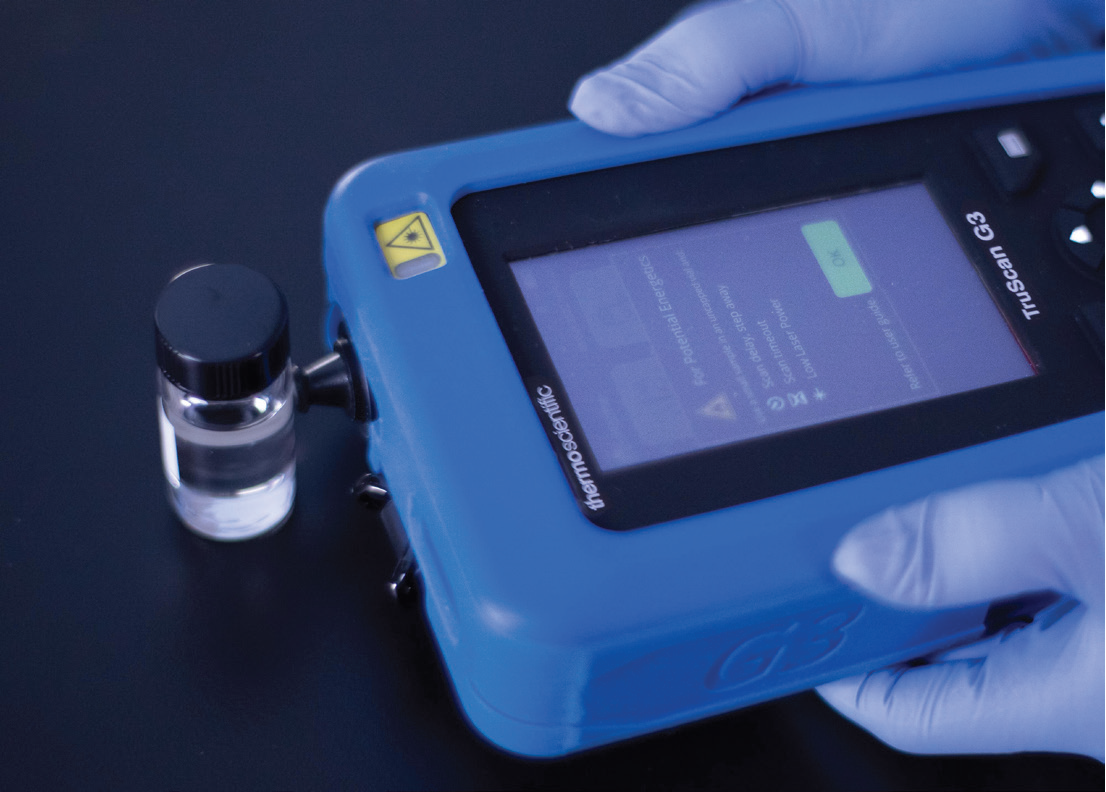 Raman analysis is non-contact through polybags, plastic or glass and can measure liquids, emulsions, gels and solids in seconds