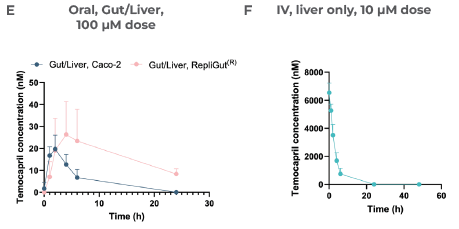 Case study 1, Temocapril. Resistance of Temocapril to intestinal clearance observed in the primary cell Gut/Liver MPS, correlated with isoenzyme expression in the human intestine.