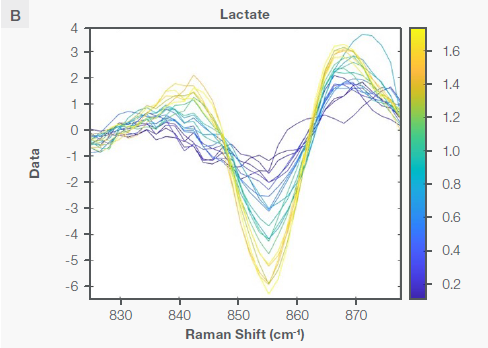 The Sav-Gol filter 2nd derivative plot of the Raman spectra of the bioreactor run for cultivated meat production, highlighting the characteristic Raman peaks for (A) glucose and (B) lactate as explained in the text. 