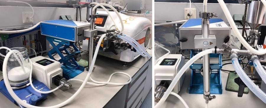 Set up for inline monitoring of the droplet size using the NFS during homogenization of the O/W emulsions.