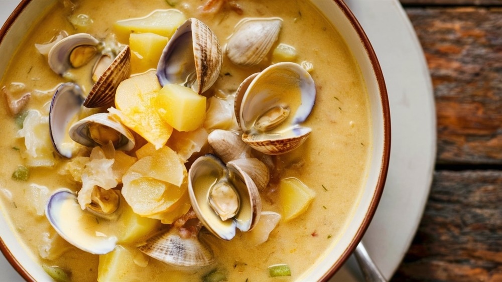 A warm bowl of creamy clam chowder featuring tender clams, diced potatoes, and a rich broth, garnished with herbs and served in a rustic ceramic bowl on a wooden table.