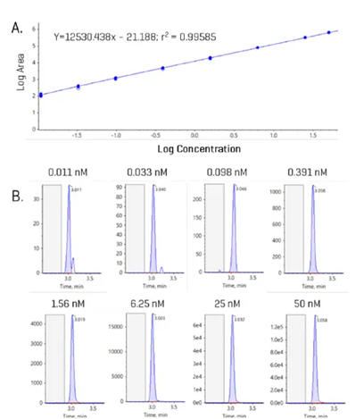 Example internal standard curve with representative peaks for GUDCA. (A) Internal standard curve for GUDCA from 0.011 to 50 nM. (B) Example chromatograms at each concentration level of the curve; blank region highlighted in grey