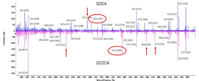 Comparison of EAD-based fragmentation of GDCA and GCDCA. A portion of the product ion spectra for GCDCA and GDCA is highlighted, with the spectrum for GDCA overlaid and inverted. Multiple fragments were identified for each bile acid isomer that appear to be unique and could serve as a selective fragment ion during analysis (red arrows). The fragment ions with m/z 262.1403 and 316.1888 were chosen for GDCA and GCDCA, respectively, due to their relatively high abundances