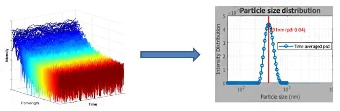 The NanoFlowSizer measures light signals at different depths and uses a special analysis method to determine particle sizes, even in cloudy (turbid) and flowing liquids
