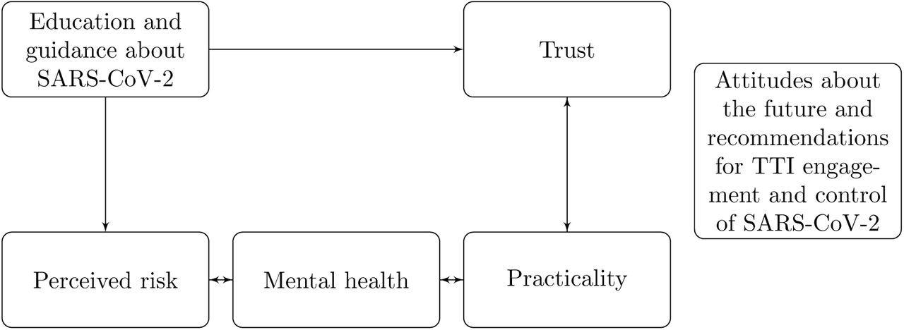 Thematic analysis map: Factors of behavioural response to pandemic and TTI guidance. The “Attitudes… ” theme was quite distinct from the other themes, and items arising as e.g. “Perceived risk” or “Mental health” were commonly not related to “Trust”