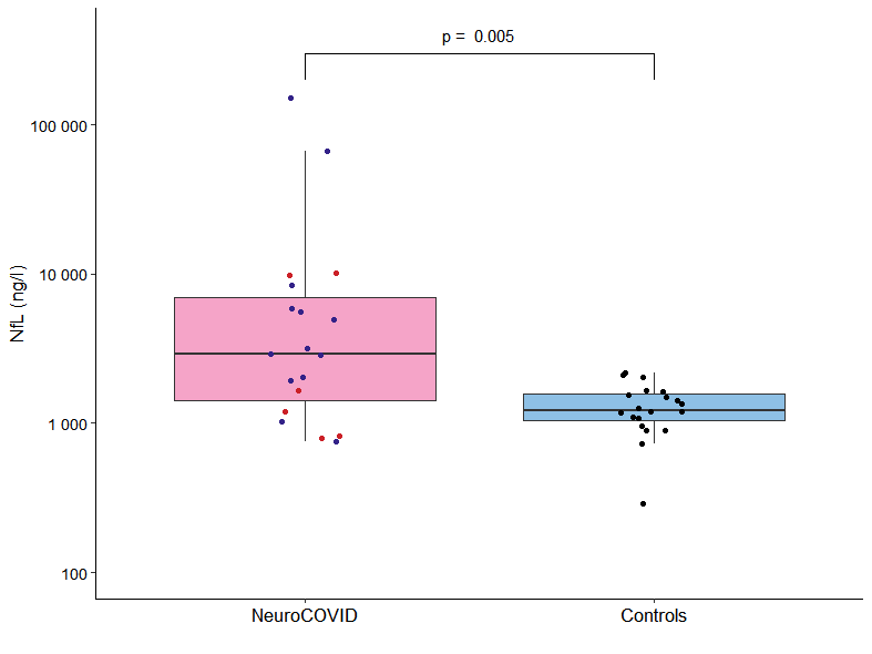 Level of CSF NfL in NeuroCOVID group and controls Boxplots of cerebrospinal fluid (CSF) neurofilament light chain (NfL) in NeuroCOVID (n=19, 13 encephalopathies in blue and six meningoencephalitis in red) and controls of non-COVID patients with psychiatric illnesses (n=20, in black)