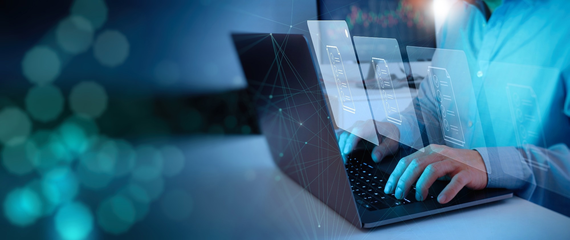 businessman working laptop computer on virtual screen, documents with checkbox lists