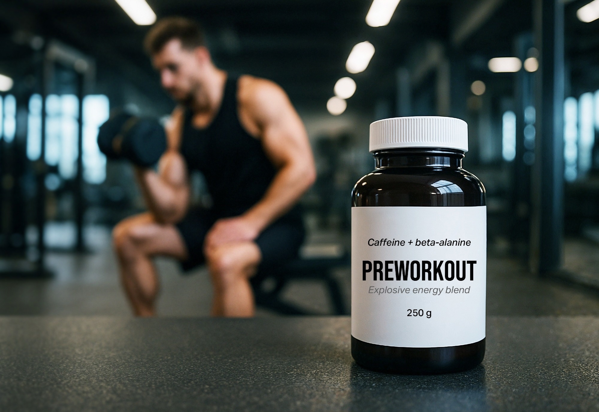 Pre-workout supplement bottle in focus with blurred muscular man exercising in gym, fitness training and dietary supplementation for bodybuilding and muscle growth focus