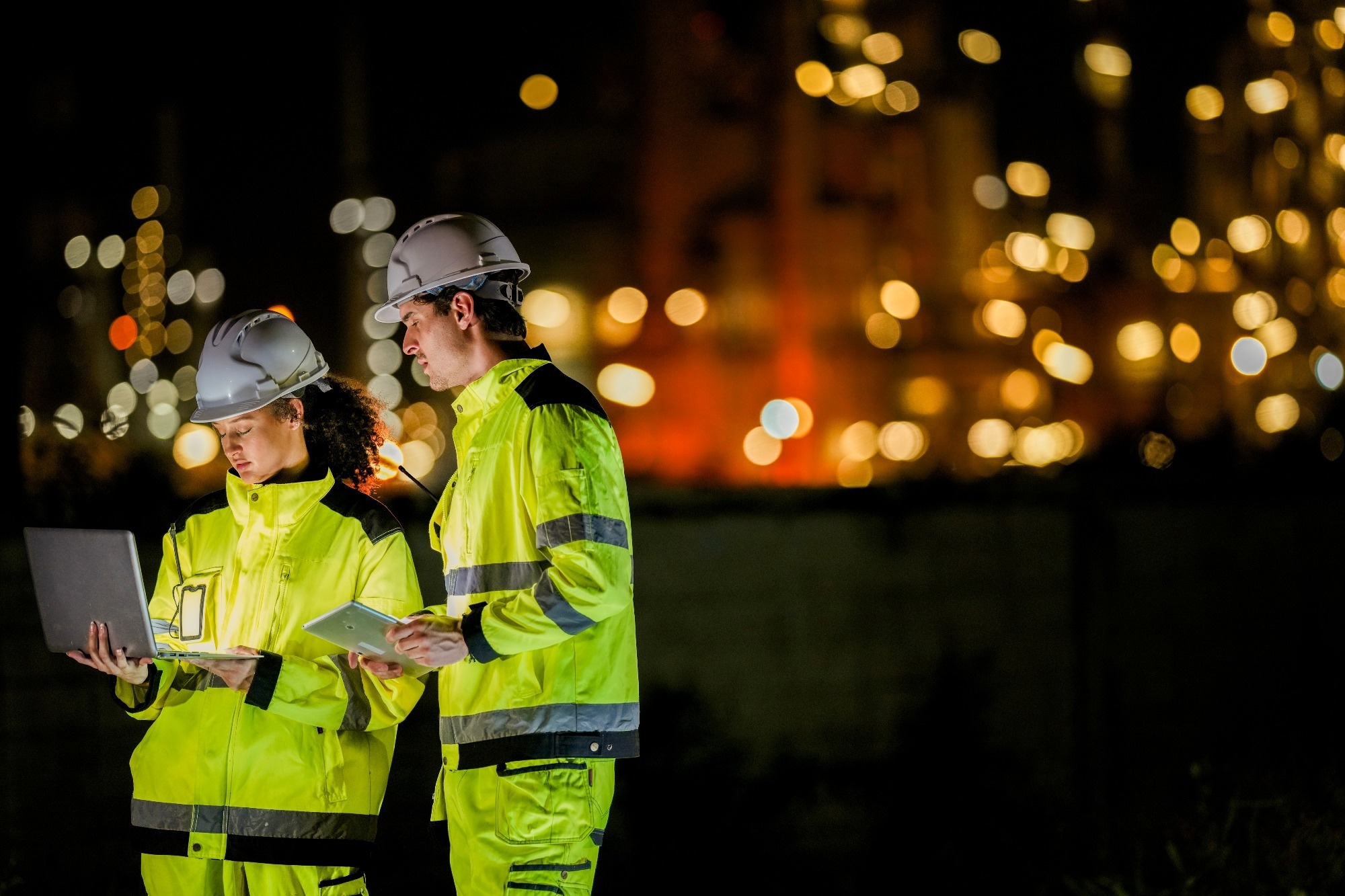 Two engineers collaborate on a night shift using a laptop and tablet