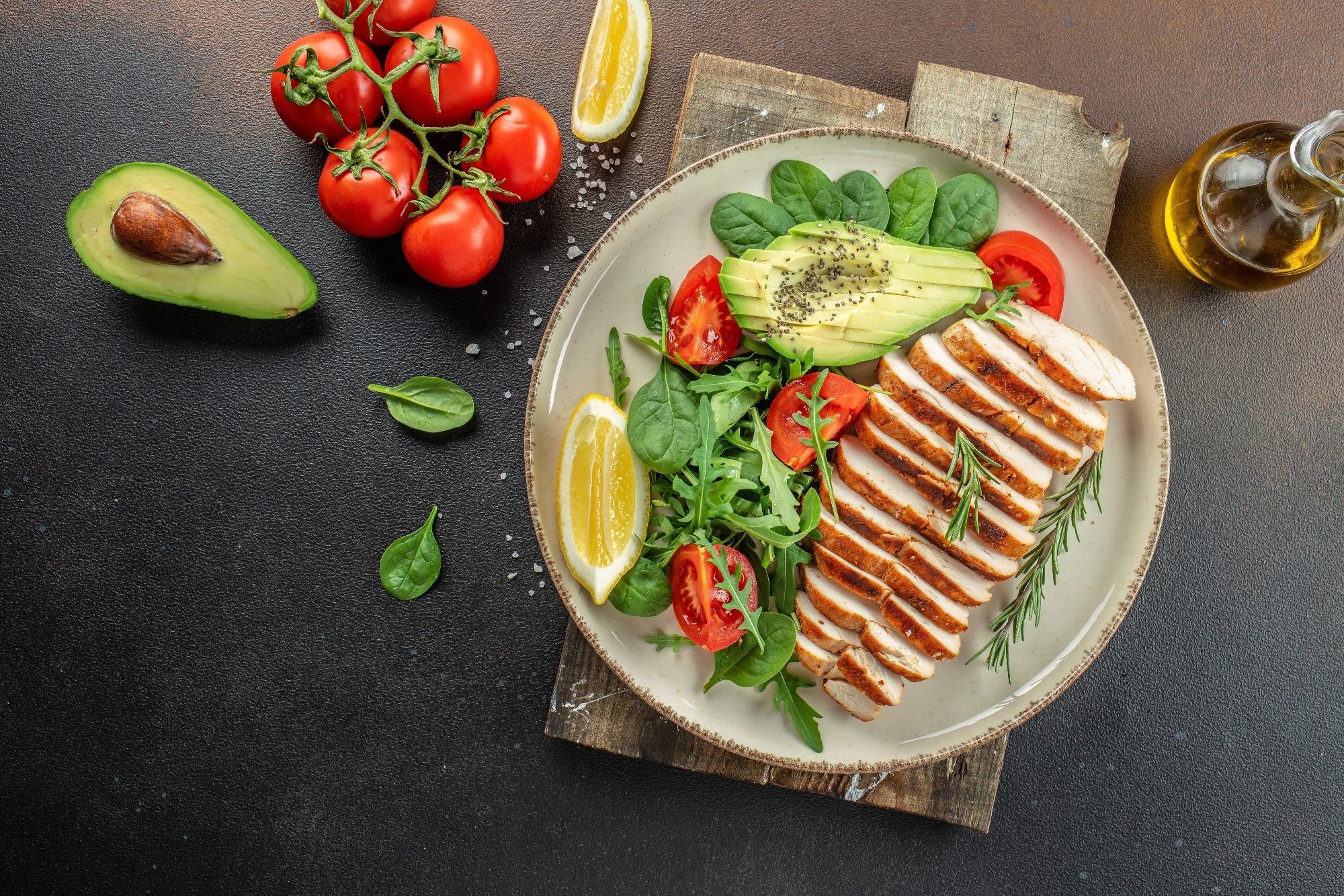 juicy chicken breast grilled with vegetables, Ketogenic diet illustration.