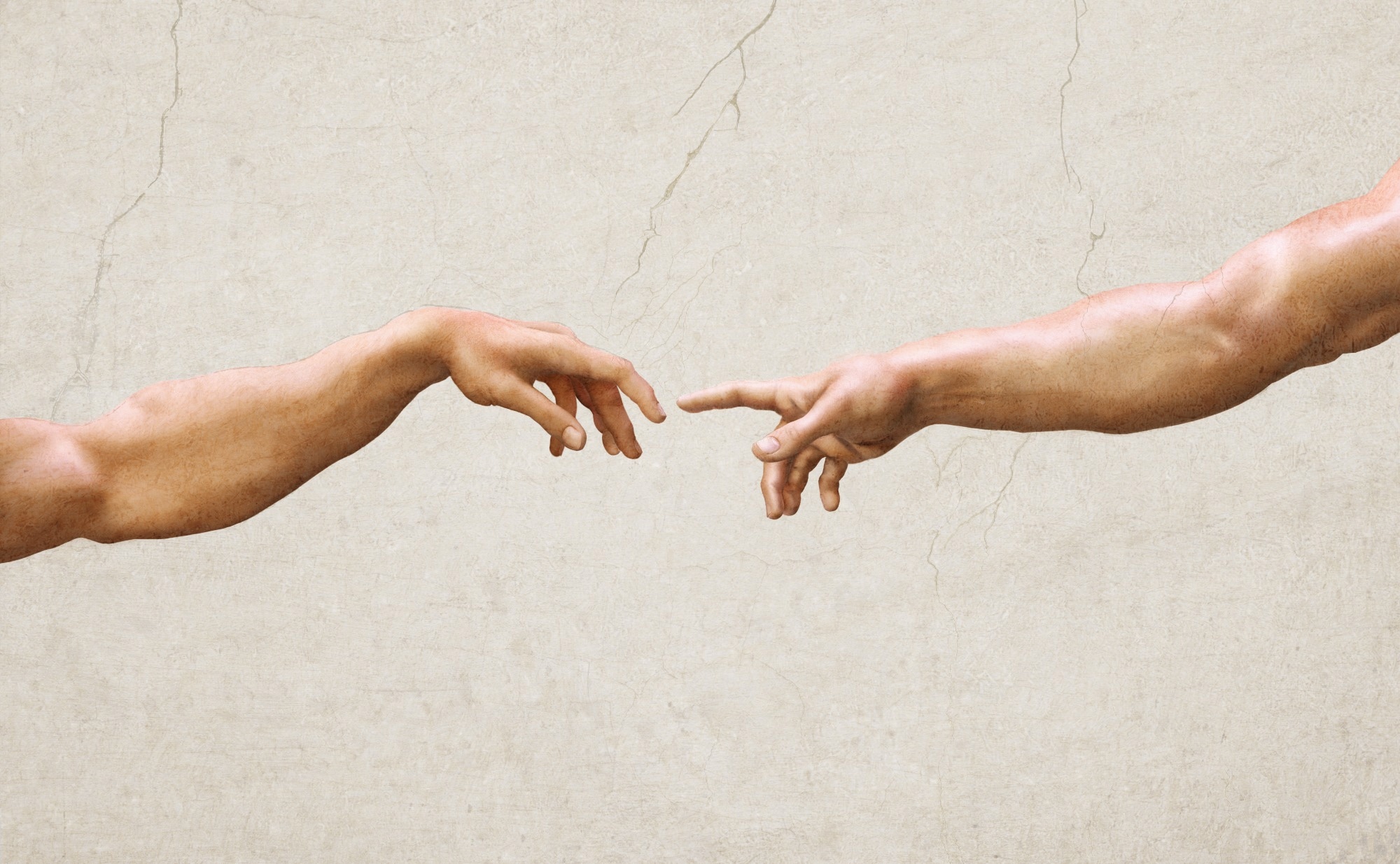 3D textured illustration of two male hands in the style of old renaissance oil and fresco artwork